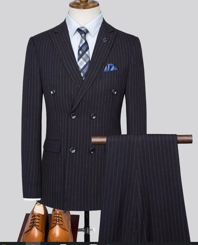 Double Breast Tailor Made Navy Blue Stripe Wedding Suits  2 Pieces Formal Dress Blazer Outfit (Jacket  pants) CB11223)