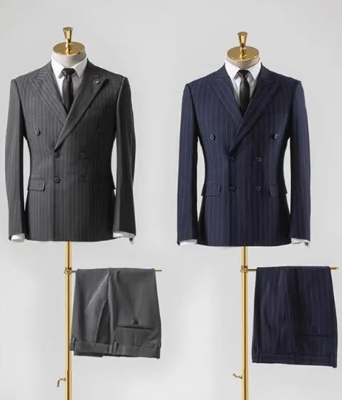 Double Breast Tailor Made Navy Blue Stripe Wedding Suits  2 Pieces Formal Dress Blazer Outfit (Jacket  pants) CB11223)