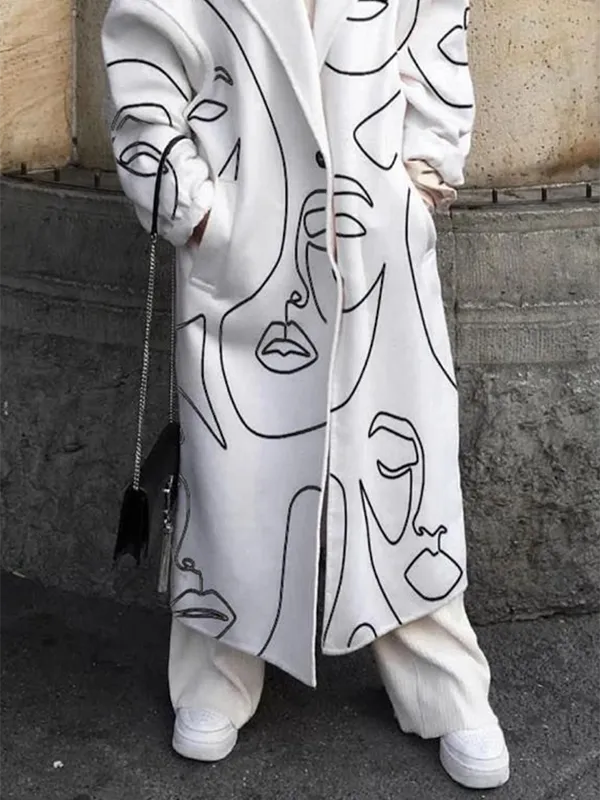 Figure Printed Long Sleeves Loose Notched Collar Trench Coats Outerwear