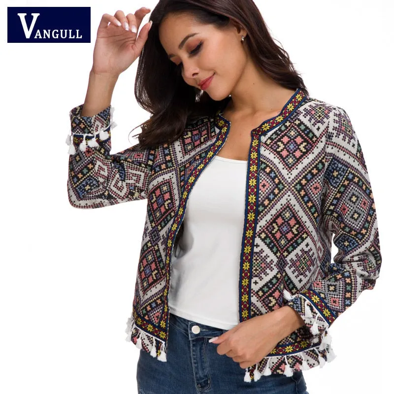 Floral Spring Jacket Women Coat 2019 New Floral Spring O Neck Long Sleeve Tassel Cardigan