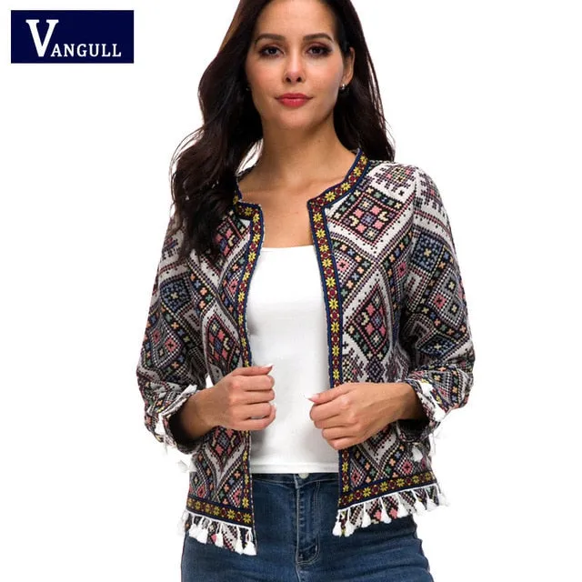 Floral Spring Jacket Women Coat 2019 New Floral Spring O Neck Long Sleeve Tassel Cardigan