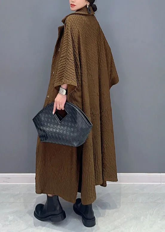 French Brown Double Breast Pockets Cotton Long Trench Coat Batwing Sleeve ML1497