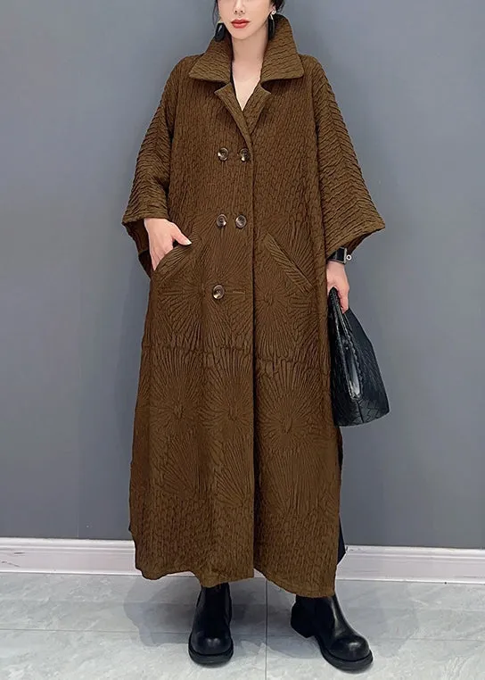 French Brown Double Breast Pockets Cotton Long Trench Coat Batwing Sleeve ML1497