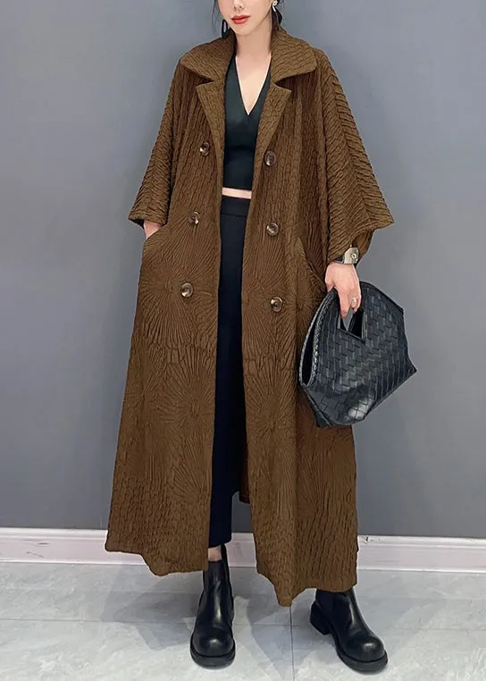 French Brown Double Breast Pockets Cotton Long Trench Coat Batwing Sleeve ML1497