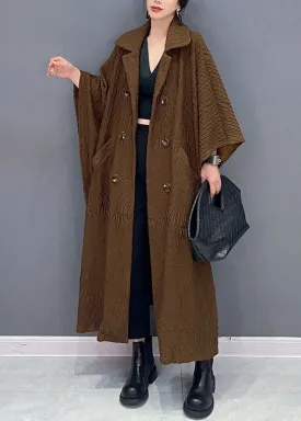 French Brown Double Breast Pockets Cotton Long Trench Coat Batwing Sleeve ML1497