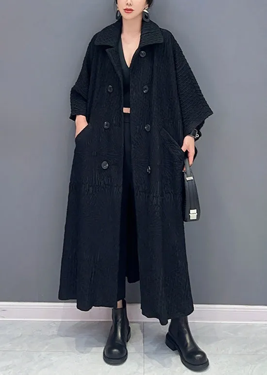French Brown Double Breast Pockets Cotton Long Trench Coat Batwing Sleeve ML1497