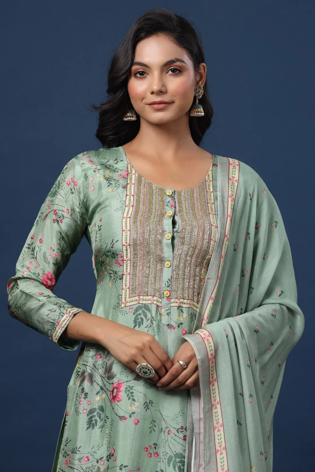 Green Resham Embroidered Straight Cut Salwar Suit with Printed Crape Dupatta