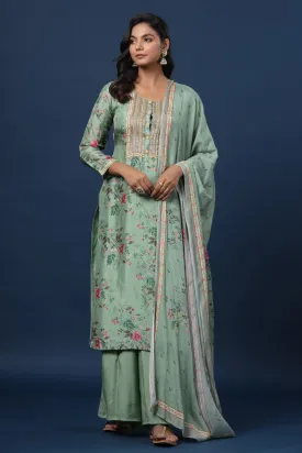 Green Resham Embroidered Straight Cut Salwar Suit with Printed Crape Dupatta