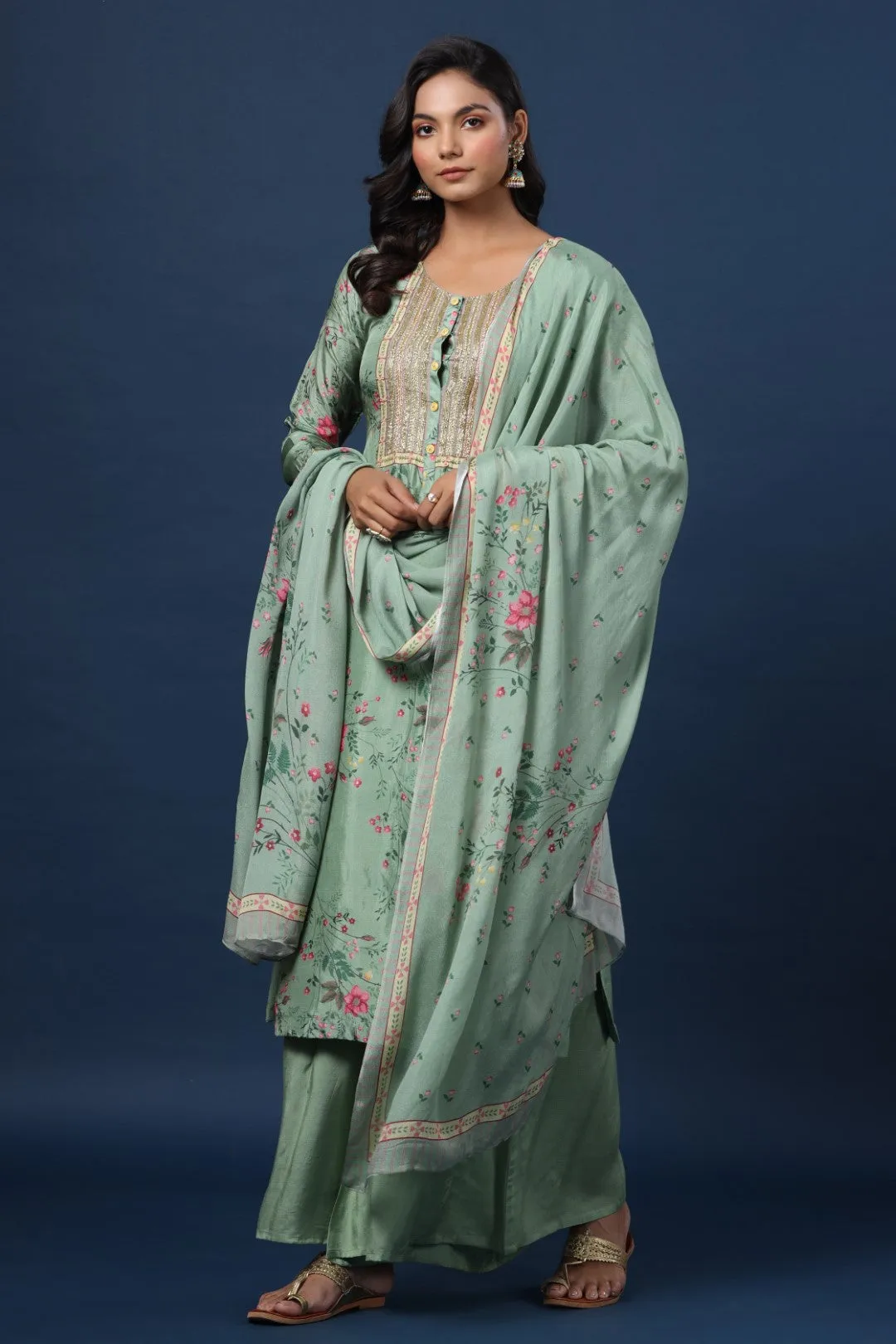 Green Resham Embroidered Straight Cut Salwar Suit with Printed Crape Dupatta