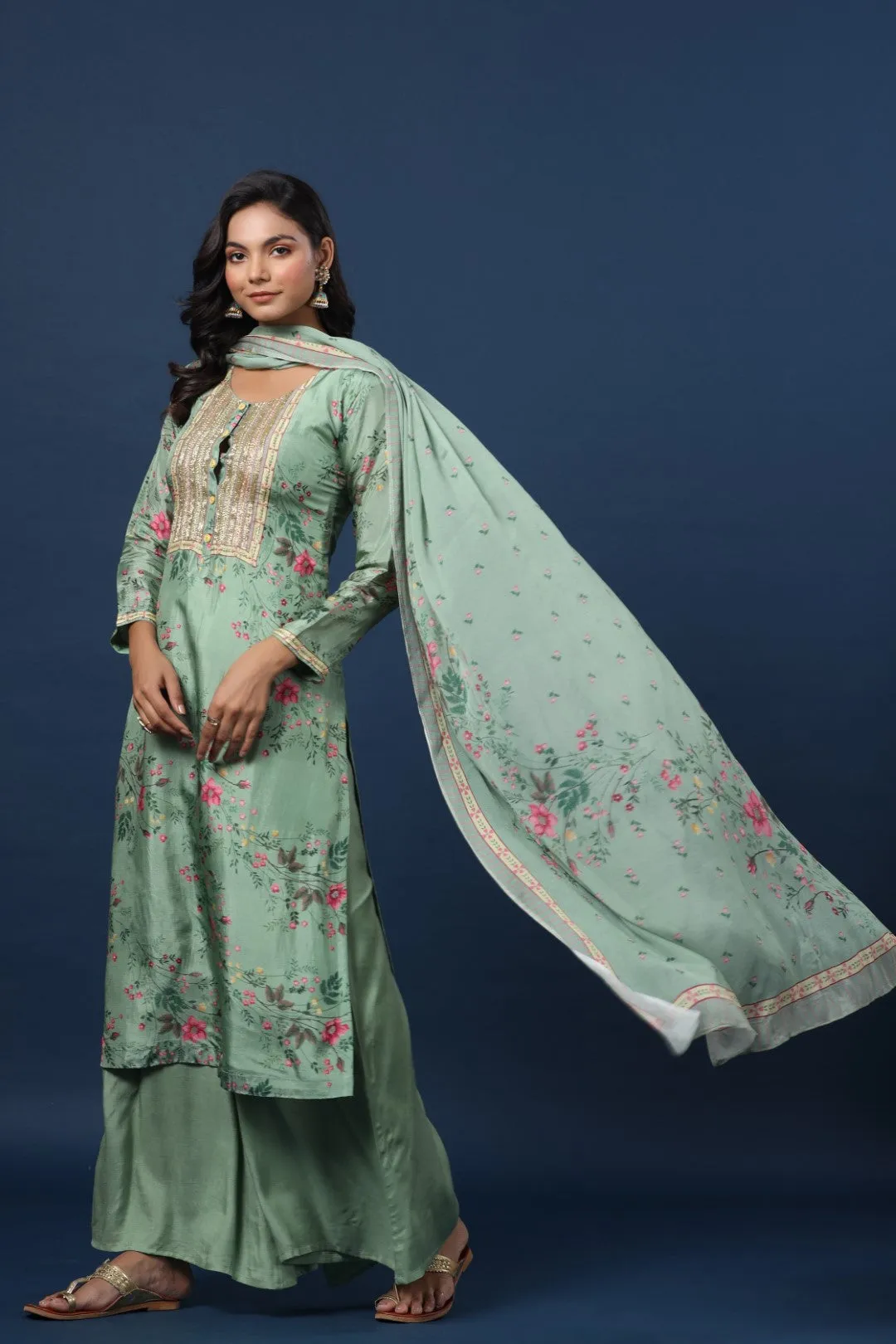 Green Resham Embroidered Straight Cut Salwar Suit with Printed Crape Dupatta