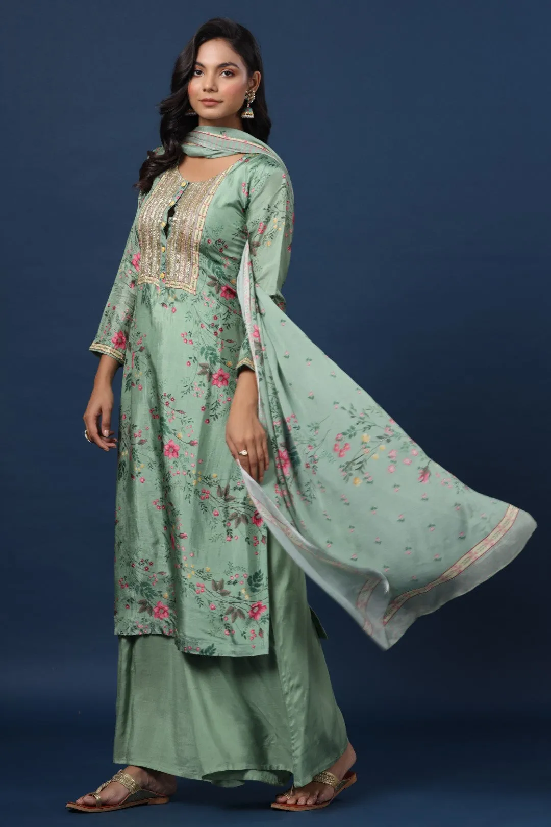 Green Resham Embroidered Straight Cut Salwar Suit with Printed Crape Dupatta
