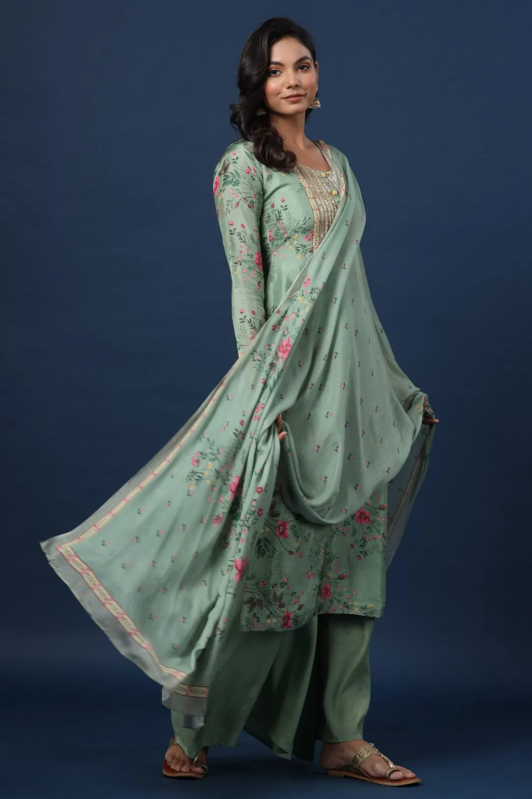 Green Resham Embroidered Straight Cut Salwar Suit with Printed Crape Dupatta