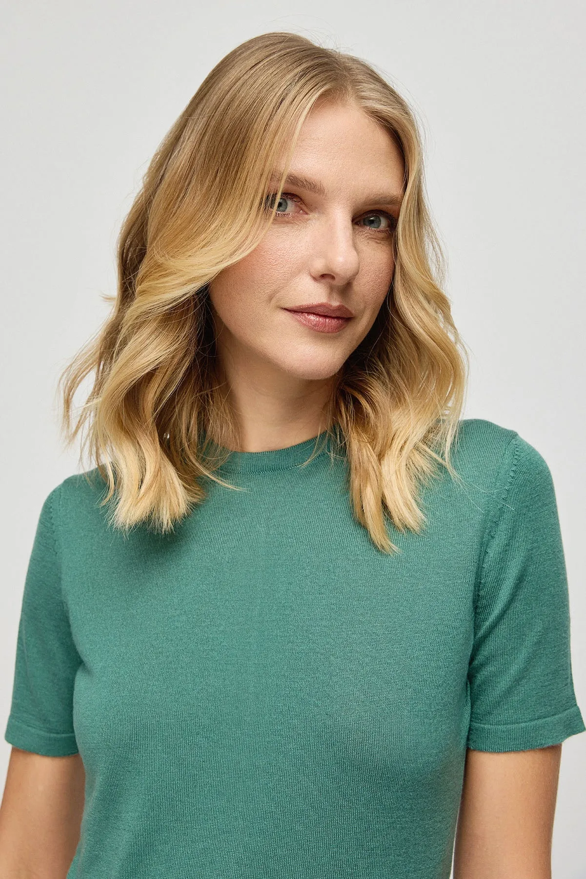 Green Silk Cashmere Aleyna Round Neck Short Sleeve Women's Knitwear