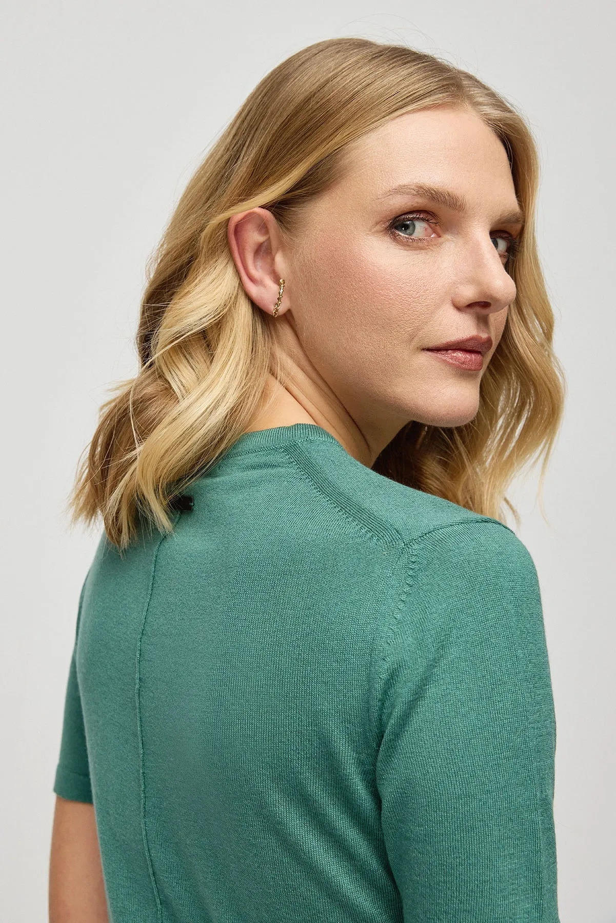 Green Silk Cashmere Aleyna Round Neck Short Sleeve Women's Knitwear