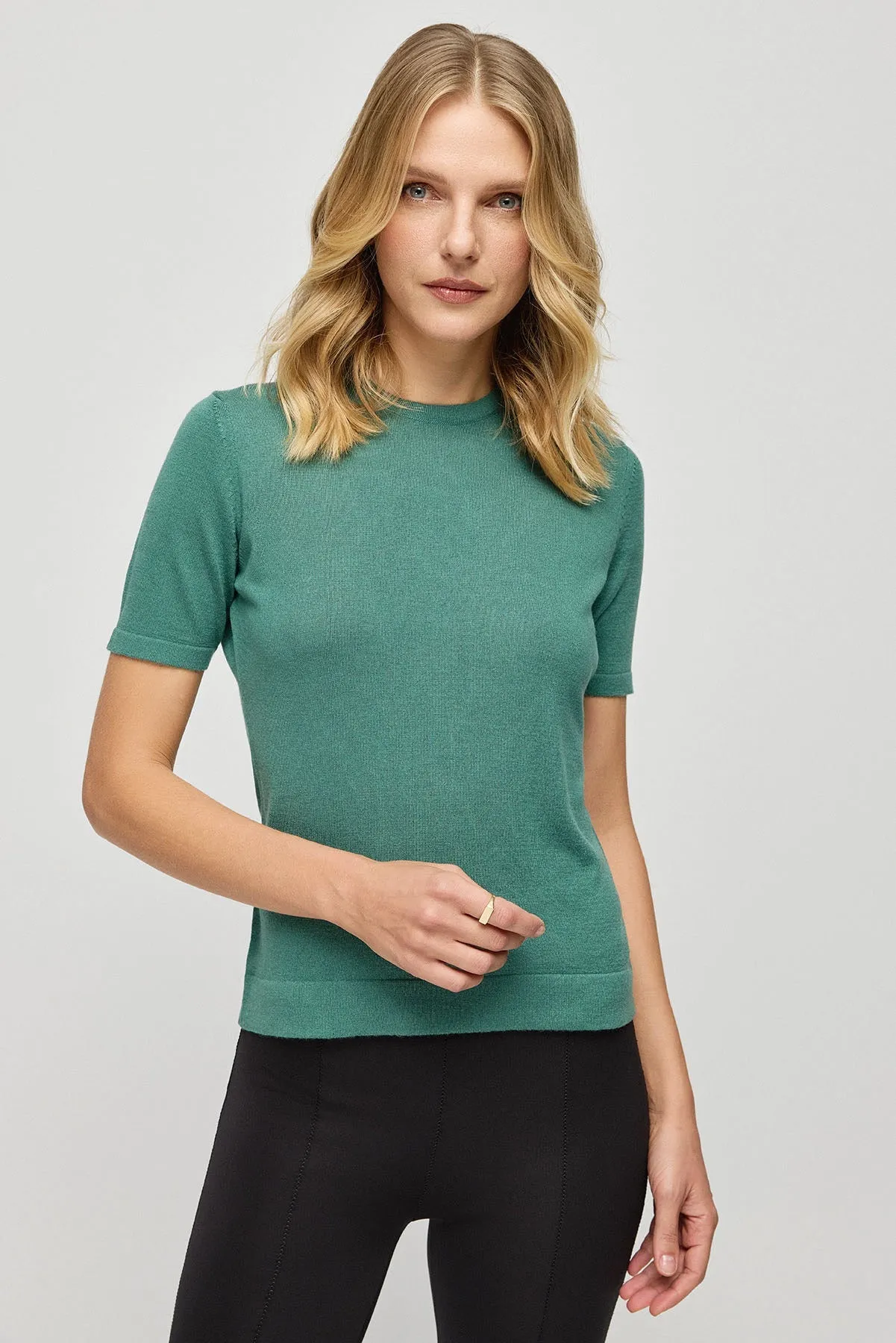 Green Silk Cashmere Aleyna Round Neck Short Sleeve Women's Knitwear