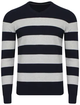 Le Shark V-neck contrast stripe jumper in mid blue