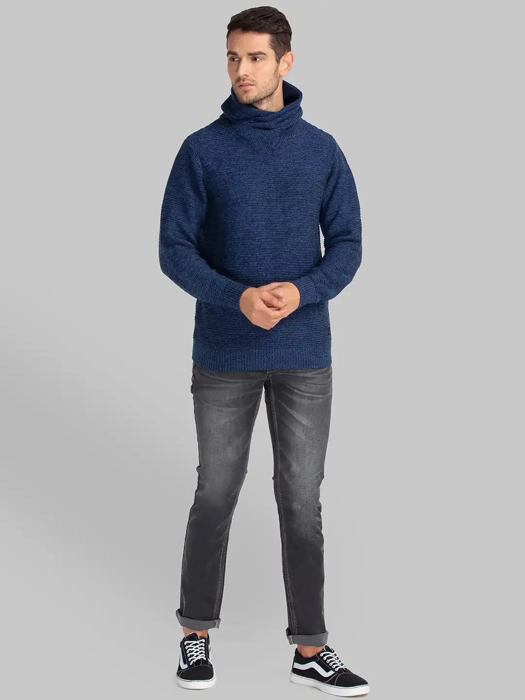 Men Blue Solid Acrylic Cowl Neck Collar Sweaters