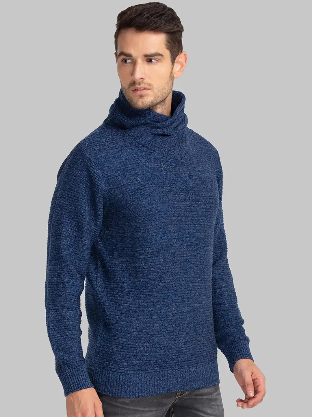 Men Blue Solid Acrylic Cowl Neck Collar Sweaters