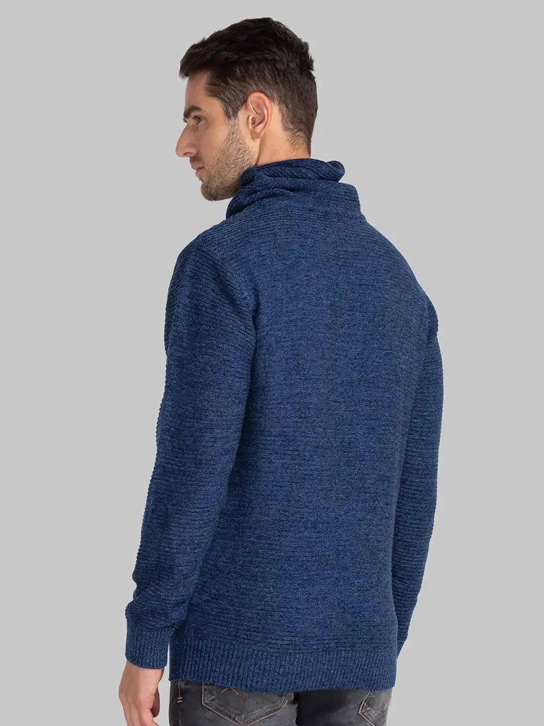 Men Blue Solid Acrylic Cowl Neck Collar Sweaters