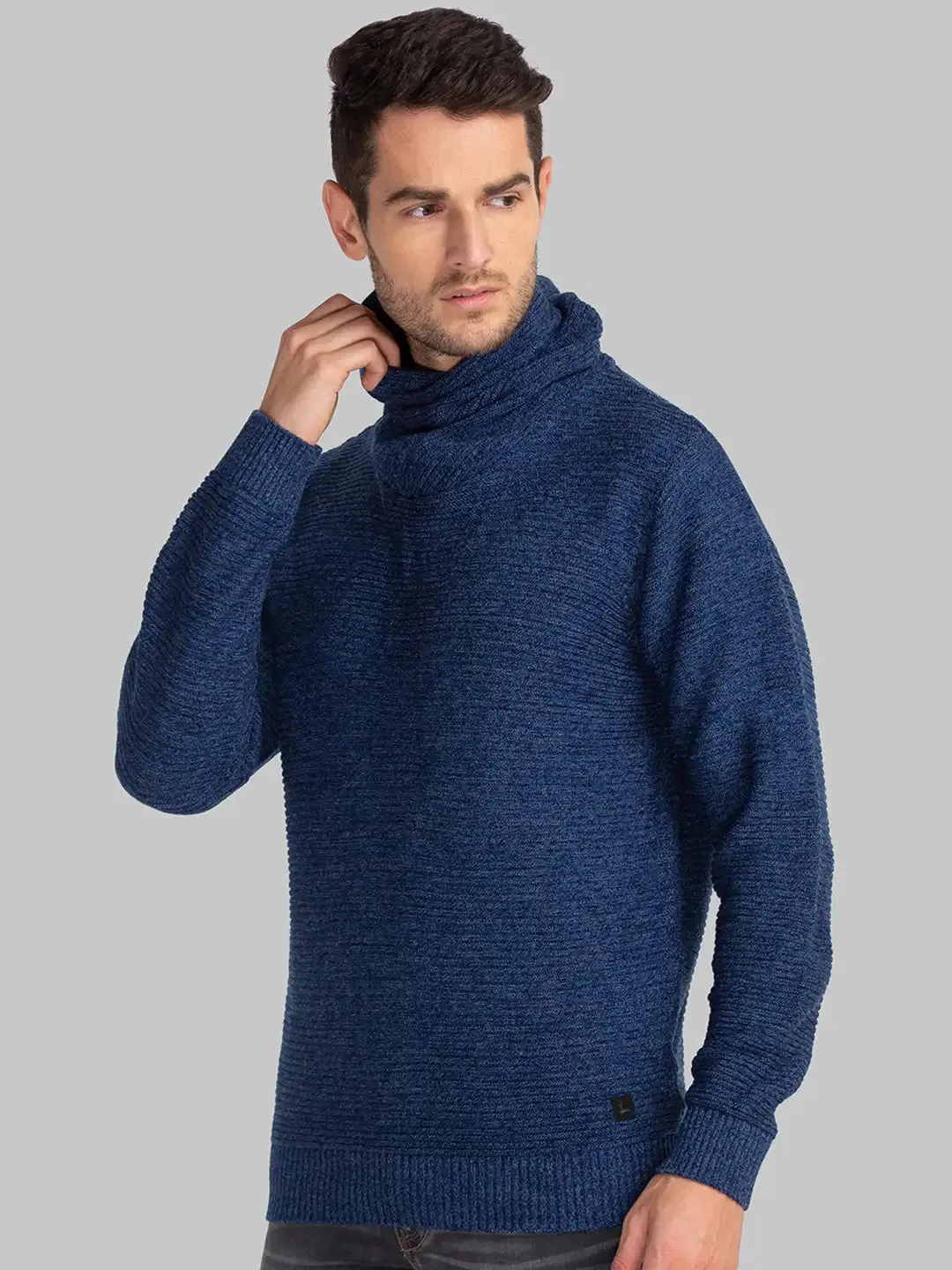 Men Blue Solid Acrylic Cowl Neck Collar Sweaters