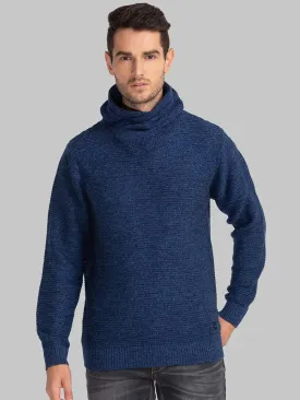 Men Blue Solid Acrylic Cowl Neck Collar Sweaters