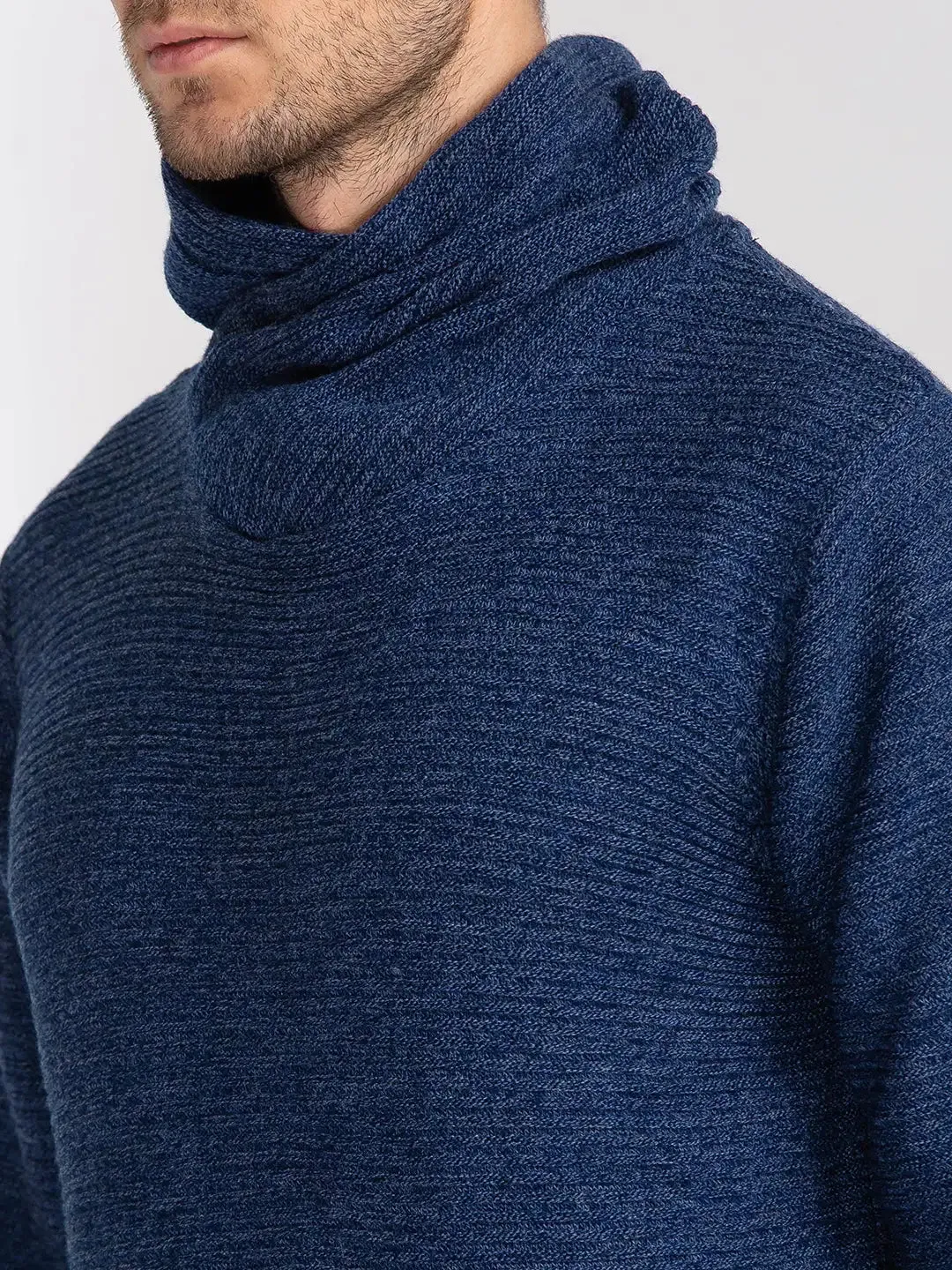 Men Blue Solid Acrylic Cowl Neck Collar Sweaters