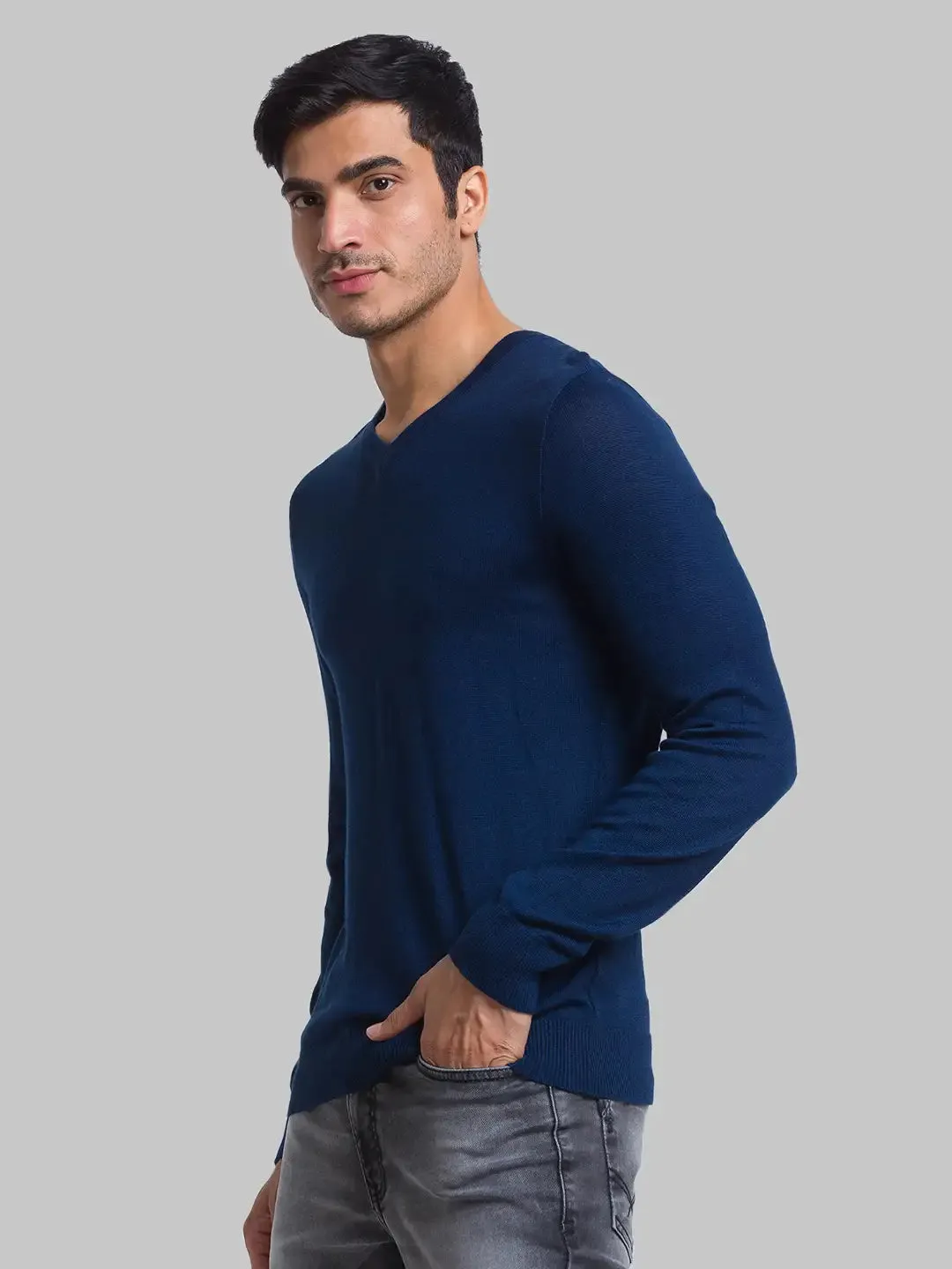 Men Blue Solid Wool Blend Full Sleeve Sweaters
