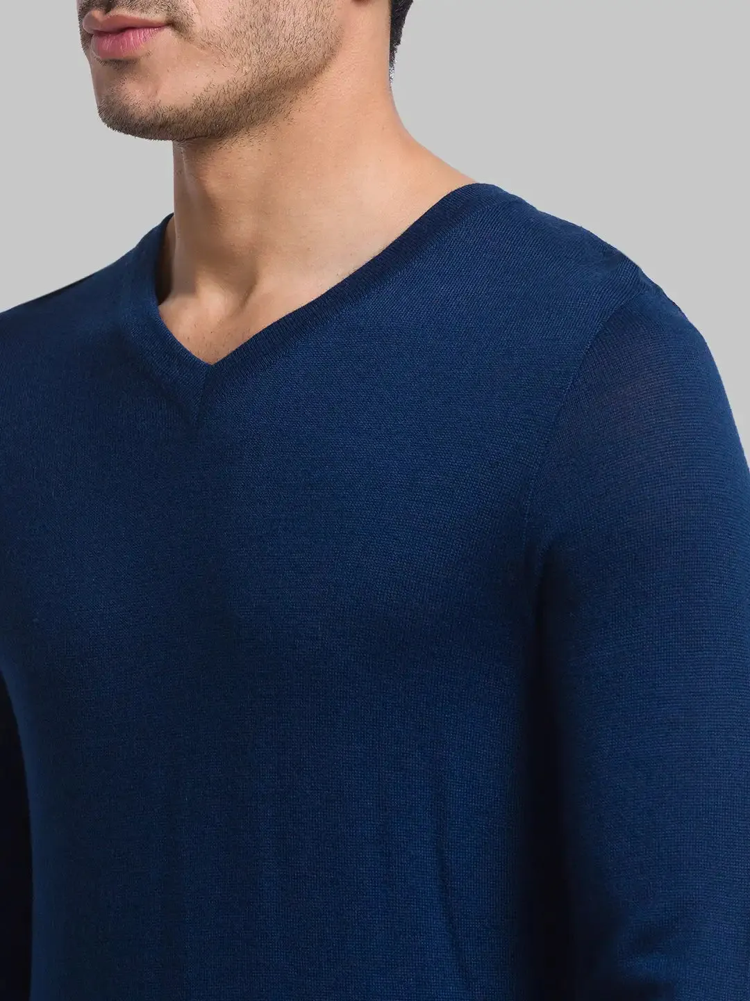 Men Blue Solid Wool Blend Full Sleeve Sweaters