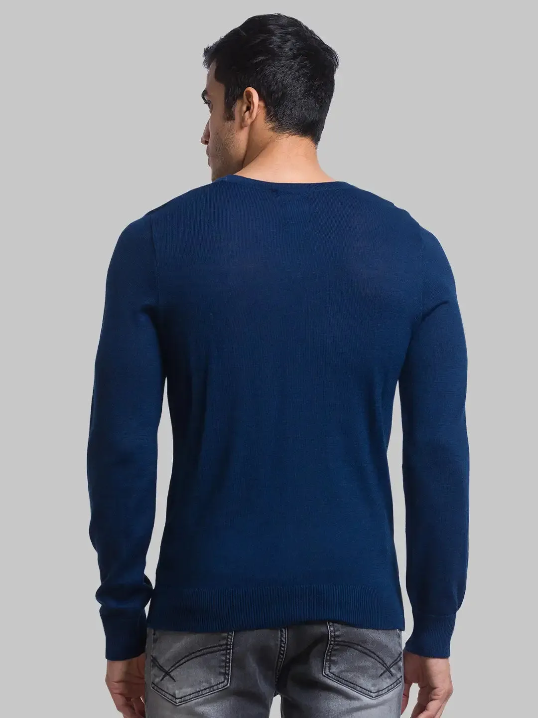 Men Blue Solid Wool Blend Full Sleeve Sweaters