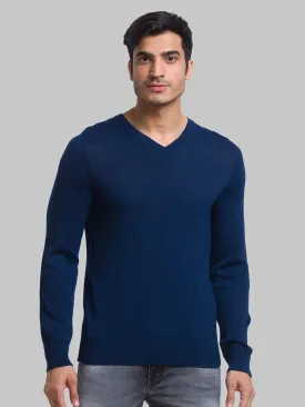 Men Blue Solid Wool Blend Full Sleeve Sweaters
