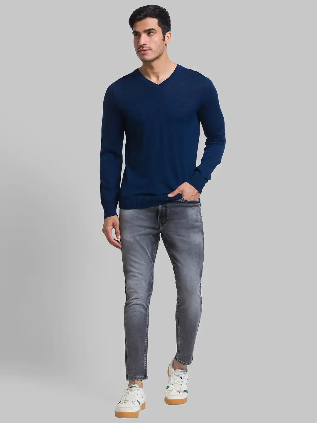 Men Blue Solid Wool Blend Full Sleeve Sweaters