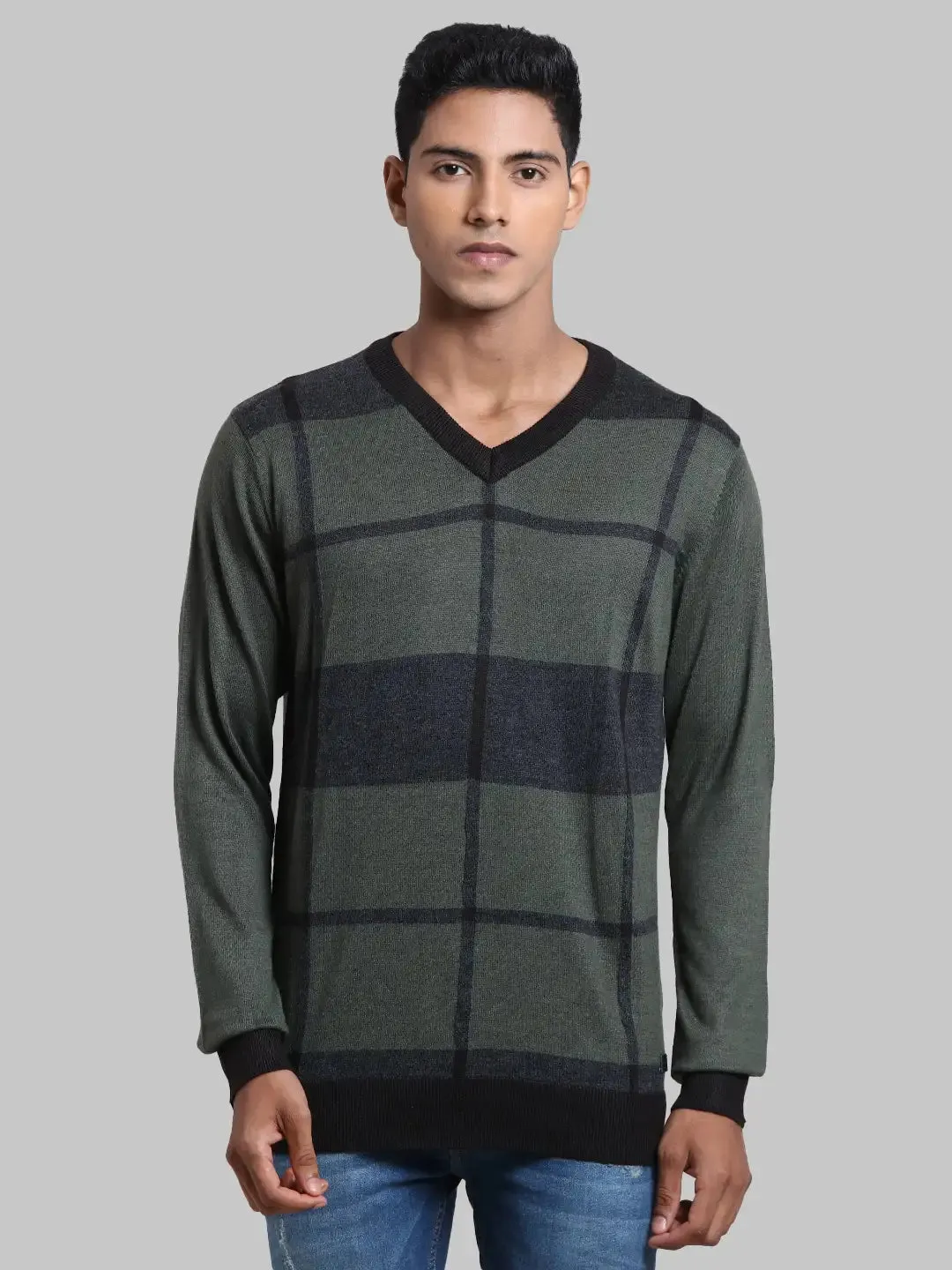 Men Green Structure Acrylic Blend Full Sleeve Sweaters
