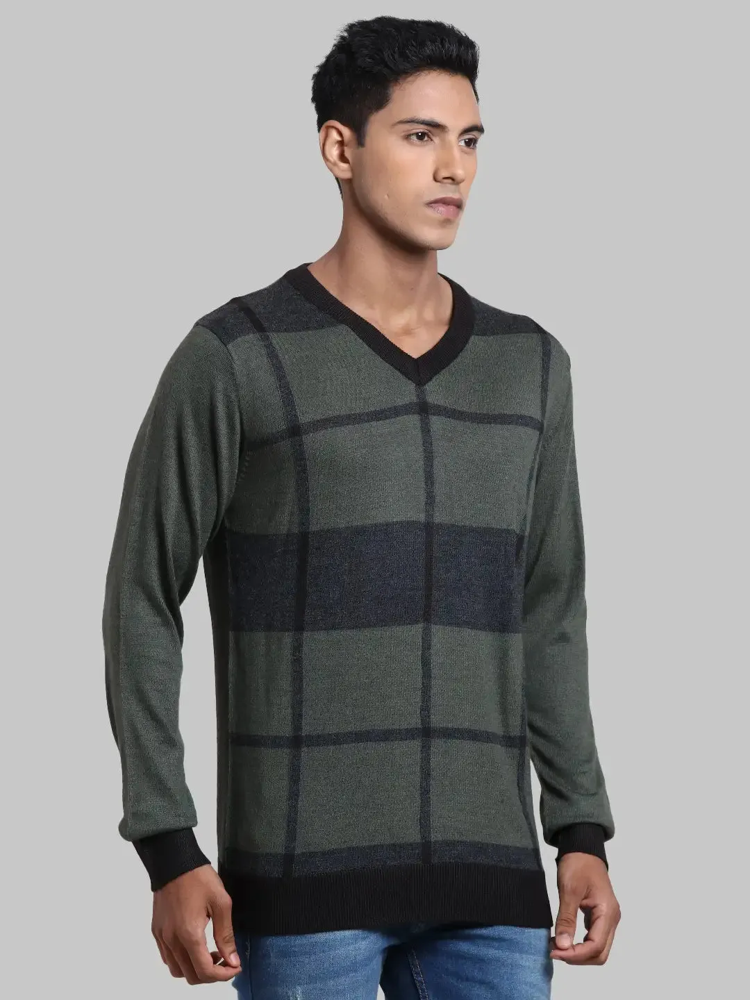 Men Green Structure Acrylic Blend Full Sleeve Sweaters