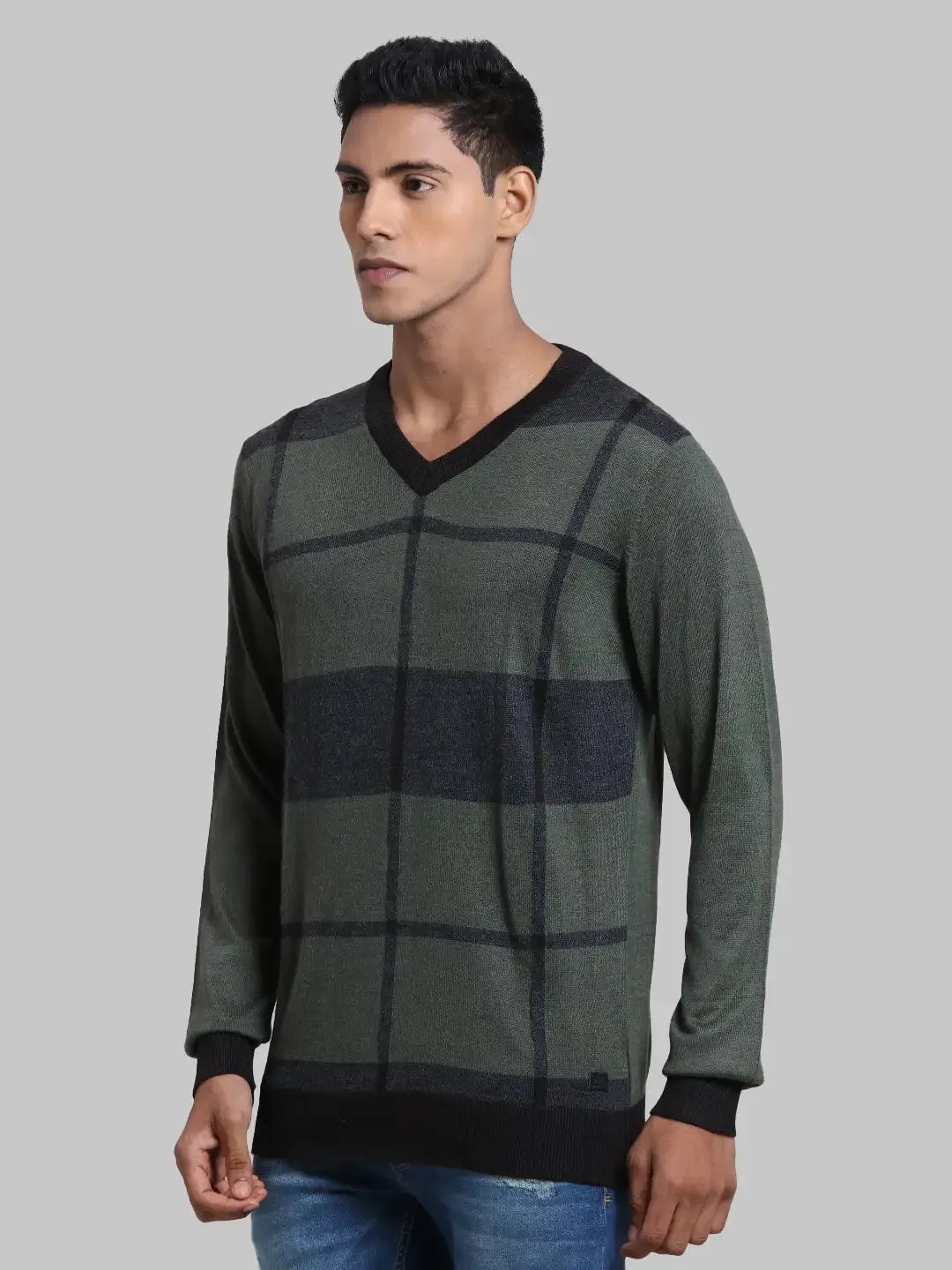 Men Green Structure Acrylic Blend Full Sleeve Sweaters
