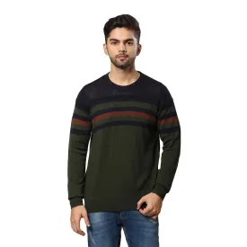 Men Green Structure Acrylic Wool Blend Round Collar Sweaters