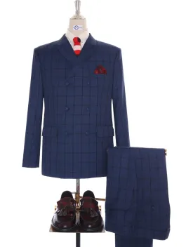 Navy Blue Windowpane Check Double Breasted Suit