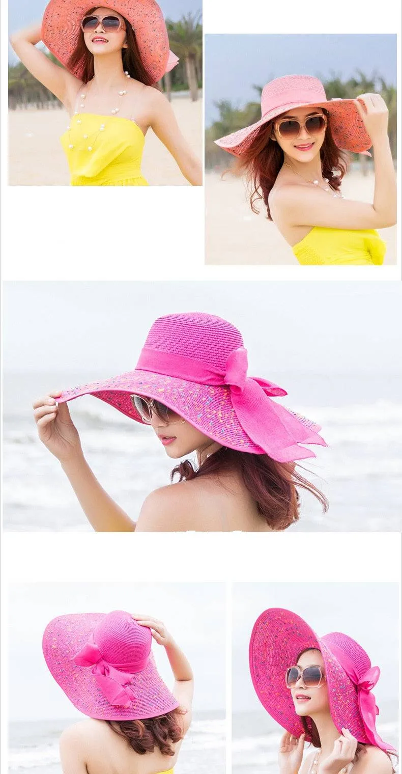 New Straw Hat Ribbon Bowknot with Wide Brim