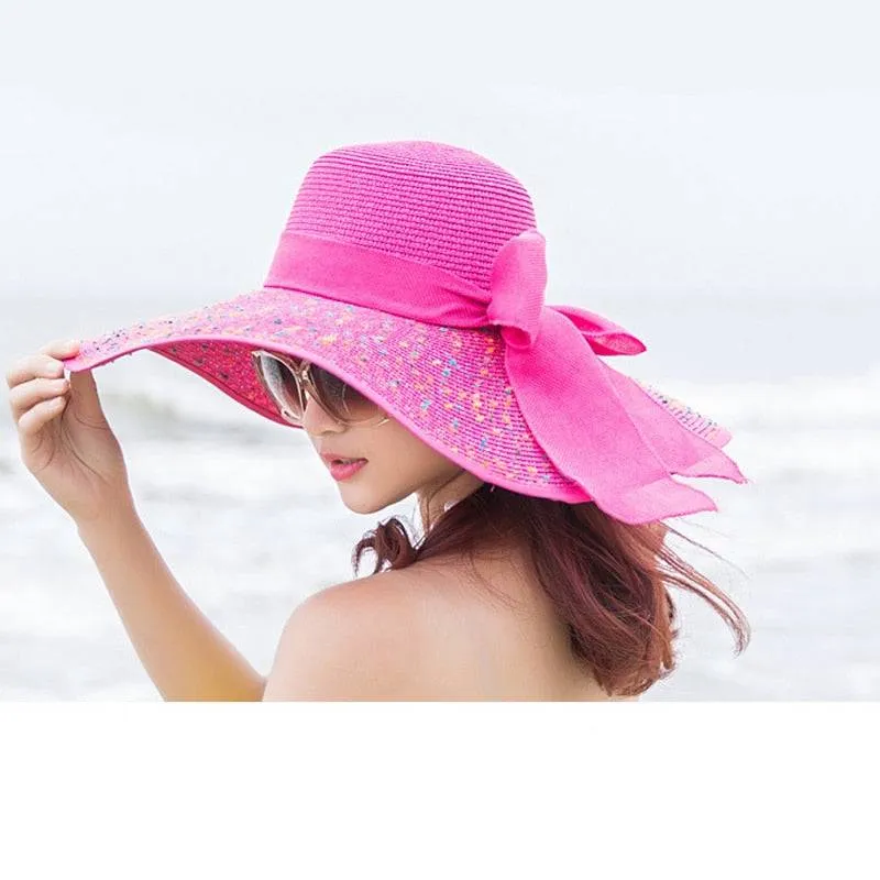 New Straw Hat Ribbon Bowknot with Wide Brim
