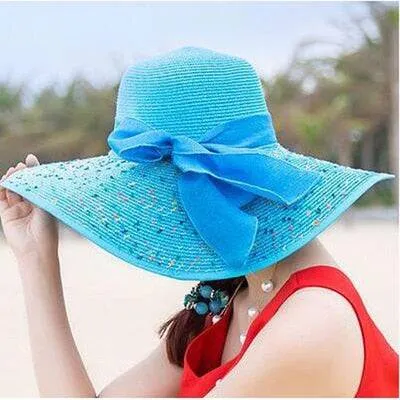 New Straw Hat Ribbon Bowknot with Wide Brim