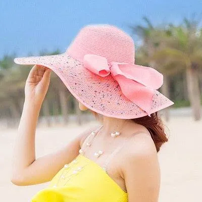 New Straw Hat Ribbon Bowknot with Wide Brim