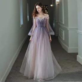 Off Shoulder Purple A Line Tulle Prom Dress Long Sleeves Formal Party Dress 660