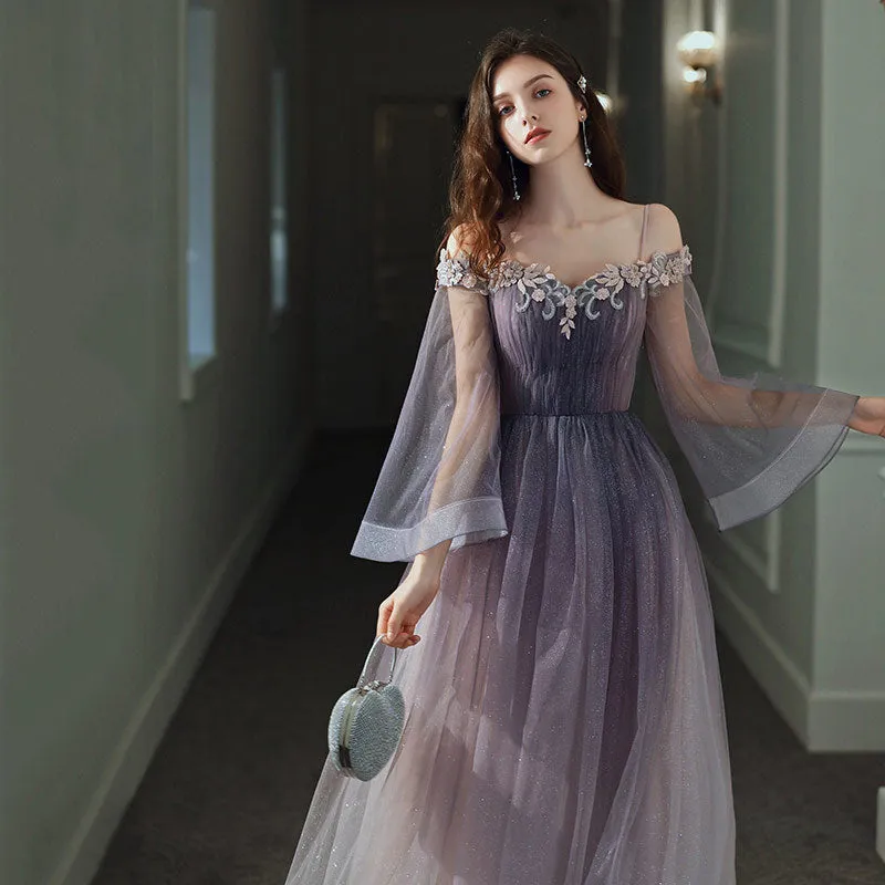 Off Shoulder Purple A Line Tulle Prom Dress Long Sleeves Formal Party Dress 660