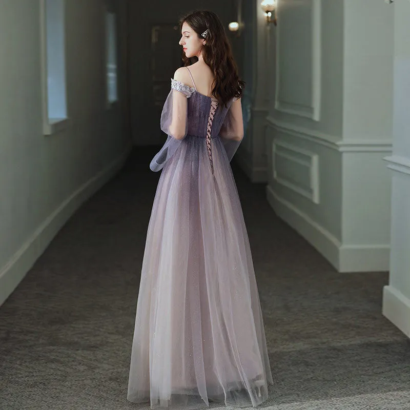Off Shoulder Purple A Line Tulle Prom Dress Long Sleeves Formal Party Dress 660