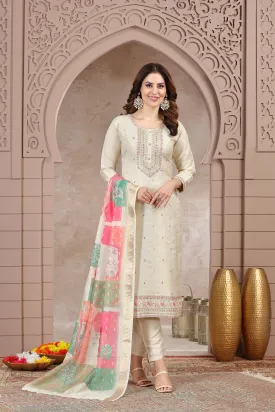 Off White Sequins Resham Tissue Suit Set