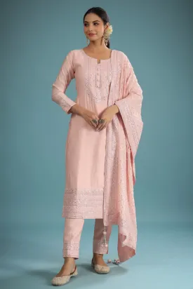 Peach Chanderi Mirror Resham Embroidered Suit Set
