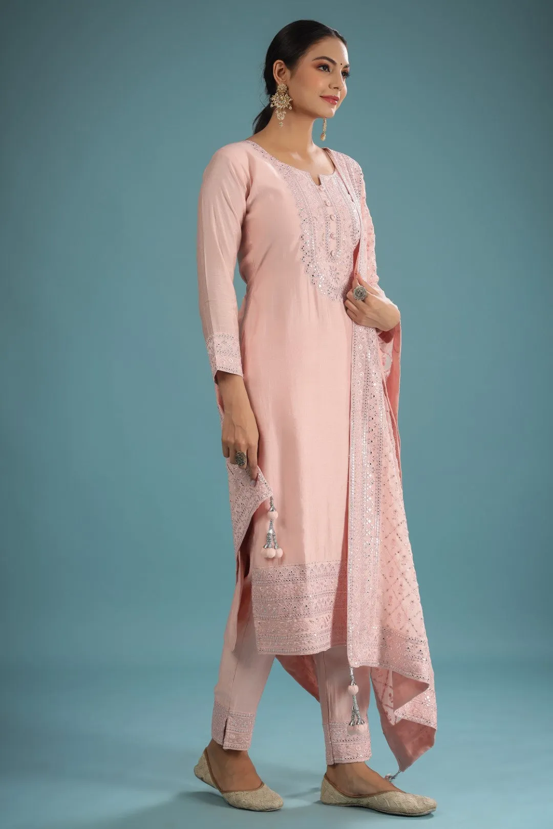 Peach Chanderi Mirror Resham Embroidered Suit Set