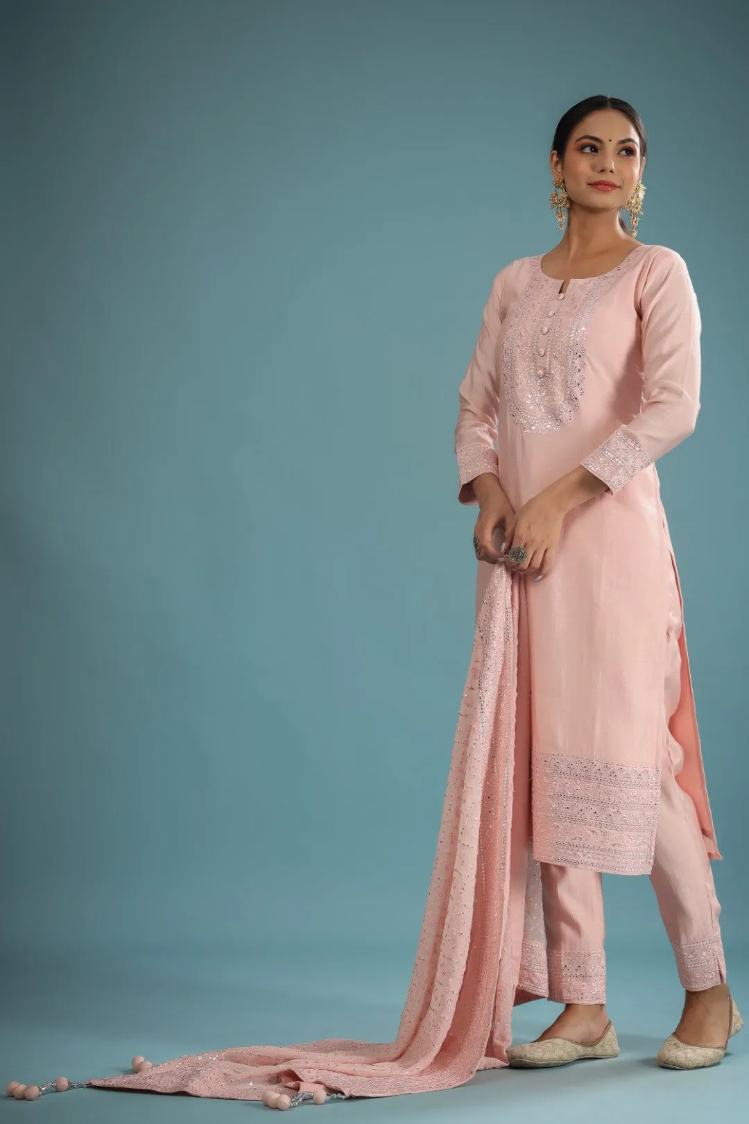 Peach Chanderi Mirror Resham Embroidered Suit Set