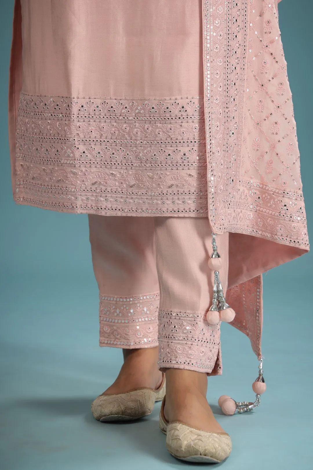 Peach Chanderi Mirror Resham Embroidered Suit Set