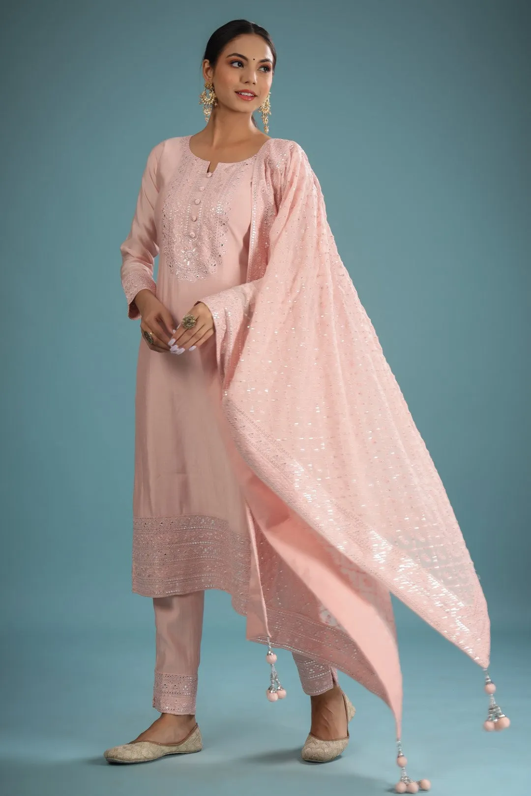 Peach Chanderi Mirror Resham Embroidered Suit Set