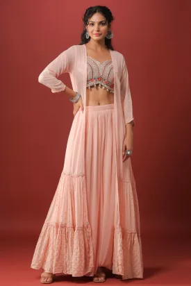 Peach Mirror Embellished Georgette Crop Top Palazzo Set with Jacket